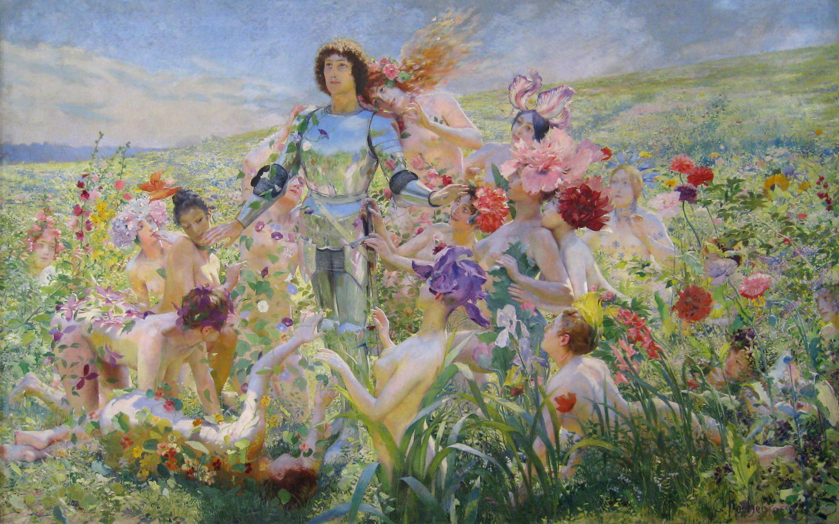 A knight in a full suit of armour stands in a meadow full of flowers of all shades and hues, while all about him in a multiplicity of poses are women in states of undress.